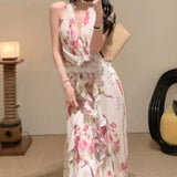 Sleeveless V-Necked Neck Dress With Wooden Ears Exposed Back Long Dress Beach Beach Seaside Holiday Dress