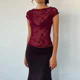 Mesh Perspective Hottie Retro Print Short-Sleeved T-Shirt Girl Ins Summer New Set Of Clothes DJPT