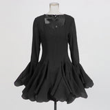 Fairy Dress 2025 New Square Collar Single Buckle Lotus Side Horn Sleeve Short Dress