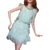 Fashion Temperament Sleeveless Dress 2024 New Famous Light Luxury Mesh Diamond Collar Skirt