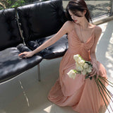 And Sexy Hanging Neck Sling Dress Summer Temperament High-End Seaside Holiday Dress Waist 100 Folded Skirt