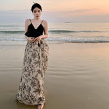 Splicing French Retro Sexy Bareback Dress Sling Dress With Long Skirt Sanya Beach Dress Woman