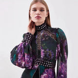 2025 Printed Lace Splicing Hollow Rivet Collar Lantern Long-Sleeved Dress Woman