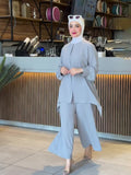 Muslim Autumn Comfortable Casual And Comfortable Waist-Waisted Bat Shirt Long-Sleeved Solid-Color Set