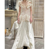 Design Lace Stitching Dress Retro Temperament Shoulder Light Luxury Dress 2024 New Model