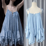 New Sweet Holiday Wind Blue Sling Skirt Summer Lotus Leaf Side-Dew Short Skirt