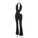 Sexy Deep V-Neck Hanging Neck-Repair Body Trousers Women New Hottie Black Jumpsuit DJPT
