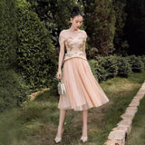 2025 Embroidery Three-Dimensional Flower Nail Bead Splicing Mesh Dress With Chest And Fake Two Midskirts