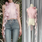 Mencius Is The Same Pink Flower Lotus Leaf Side Ribbon Hanging Neck Vest 2024 New