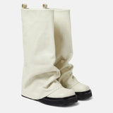 Years Of Autumn And Winter New Large Cylinder Locking Round Head Long Barrel Women's Boots Leather Boots Metal Knight Boots Flat And Boots High Quality Shoes
