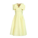 High-End Sense Court Style Retro 2025 Summer New Medium-Long V-Neck Short Sleeves To Close Waist Solid Color Dress Woman