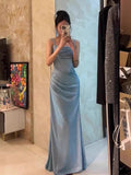 Mermaid Spaghetti Straps Blue Sequin Prom Dresses Birthday Outfits With Ruffle SD1139 HZ0628