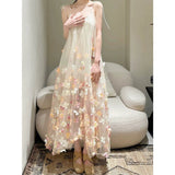 Fairy Multicolored Flower Netɴ Dress 2024 New Dream Sweet Sleeveless Suede Dress