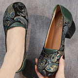 Beauty Real Leather National Wind Coarse And Shallow Print Comfortable Chinese Style Original Fashion Mother Shoes Lefu Shoes High Quality Shoes