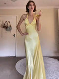 Sexy Yellow Acetate-Sing Slanted Hanging Neck Dress Summer Temperament Thin Back Dress Dress