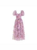 Summer British Tide Brand Dream Fairy Flower Net Collar Bubble Sleeves Wide Swing Flowing Dress Dress
