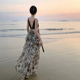 Splicing French Retro Sexy Bareback Dress Sling Dress With Long Skirt Sanya Beach Dress Woman