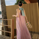 New Thai Sanya Beach Holiday Loose Retro Lattice Long Hanging Neck Tset Dress Summer