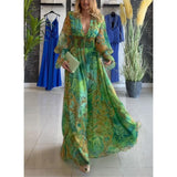 Women's New Sexy Deep V Print Beach Dress HZ0628