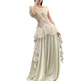 Design Lace Stitching Dress Retro Temperament Shoulder Light Luxury Dress 2024 New Model