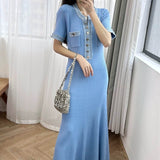 Elegant Wind Knitted Dress 2025 Summer New Denim Bumping Short-Sleeved Long Dress Dress Woman