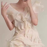 And Summer 2025 Spring And Summer Petal Lotus Leaf Side Shoulder Dress V Collar Short Skirt