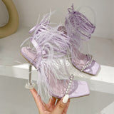 2025 New Catwalk Square Women's Shoes Water Drill Feathers With Summer High-Heeled Sandals Women High Quality Shoes
