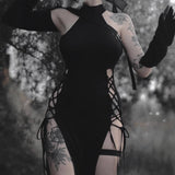 Summer New Hottie Black Dress Sexy Hanging Neck Hollow Double Open Fork Dress Woman DJPT