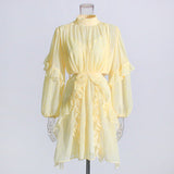 Retro Style 2025 Summer New Mesh Collar Long Sleeves Wood Ear Design Lumbar Short Dress Woman