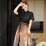 Design Blazed Gold Chinese Style Improvement Han Element Women's Short-Sleeved Top Skirt Dress Set 7065