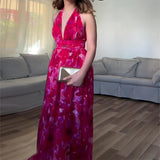 Women's New Sexy Bare Back Sleeveless Hanging Neck Deep V-Print Dress Dress