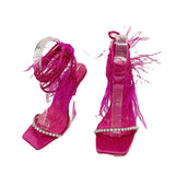 2025 New Catwalk Square Women's Shoes Water Drill Feathers With Summer High-Heeled Sandals Women High Quality Shoes