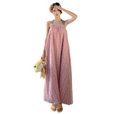 New Thai Sanya Beach Holiday Loose Retro Lattice Long Hanging Neck Tset Dress Summer