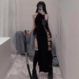 Summer New Hottie Black Dress Sexy Hanging Neck Hollow Double Open Fork Dress Woman DJPT