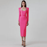 New Spring And Autumn Temperament Banded Skirt Square Horn Cushion Shoulder Long Sleeve Elastic Body Elegant Dress