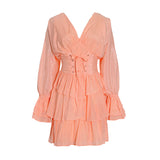 Elegant Fashion Women's Clothing Spring 2025 New V-Shaped Collar Horn Long Sleeve High-Waisted Belt Short Skirt