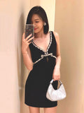 Black Heavy Industry Bows Order Diamond Spicy Sling Dress Autumn 2024 Short Shoulder Jacket