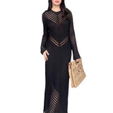 Women's Autumn Round-Collar Knitted Long Dress High-Waisted Waist-Coated Dress