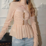 South Oil Fashion Flowers Diamond Lotus Edge Folding Long Sleeve Top 2024 New