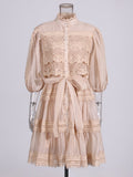 Luxury Wind Hollow Lace Splicing 2025 Summer New Lantern Sleeve Buckle Long Solid Female Dress