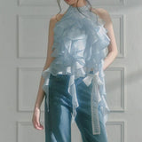 2025 Spring And Summer Ice Blue Wave Ribbon Lace Strapped Clothes