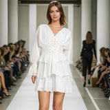 Elegant Fashion Women's Clothing Spring 2025 New V-Shaped Collar Horn Long Sleeve High-Waisted Belt Short Skirt