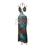 Summer New Slings Sexy Hollow Print Beach Beach Holiday Bag Hip Dress DJPT