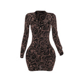 Sexy Deep V-Neck Print Hollow Long-Sleeved Dress Woman 2025 Hottie Body Dress DJPT