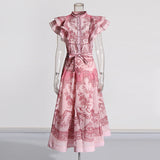 Bohemian Wind 2025 Spring New Neckline With Flying Sleeves To Close The Waist Print Medium Long Skirt Dress