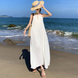 Seaside Resort Heavy Industry Pressure Folds Loose Thin Back Big White Dress Women Summer