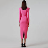New Spring And Autumn Temperament Banded Skirt Square Horn Cushion Shoulder Long Sleeve Elastic Body Elegant Dress