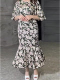 East 2024 Spring New Printing Waist Thin Exotic Style Long-Sleeved Long-Sleeved Dress Woman
