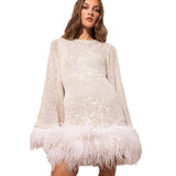 New Women's Waist Sexy Dress Dress With Long Sleeves And Feathers