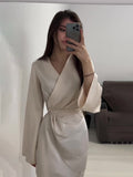 Women's Clothing 2025 Autumn New Long Dress Temperament Loose Metal Decoration V Tie With Dress